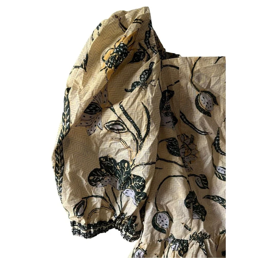 Ulla Johnson Carlotta Floral Cotton Peplum Top Puff Sleeve Lace Up Back Cottage
